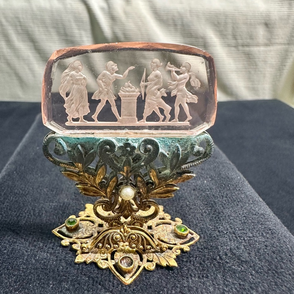 Antique Intaglio Czech Moser Glass Mythological Scene Place Card Holder /Decor